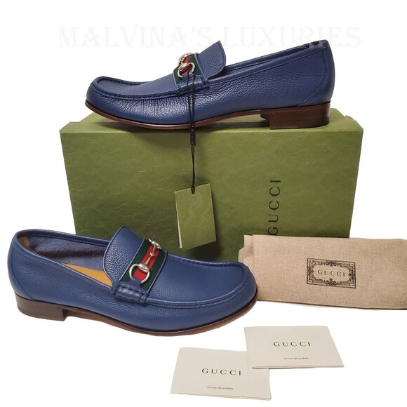 GUCCI SHOES MENS BLUE LEATHER MOCCASIN LOAFERS w HORSEBIT WEB sz 12.5G 13 - Picture 2 of 15